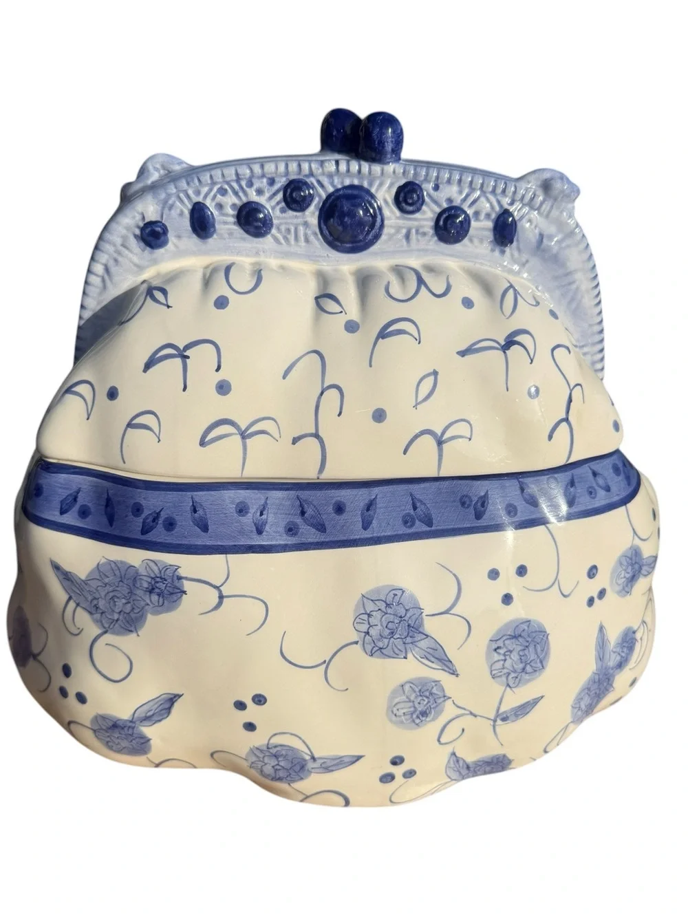 Cheryl & Co Ceramic Purse Cookie Jar Blue White Floral Canister Cottagecore 9”